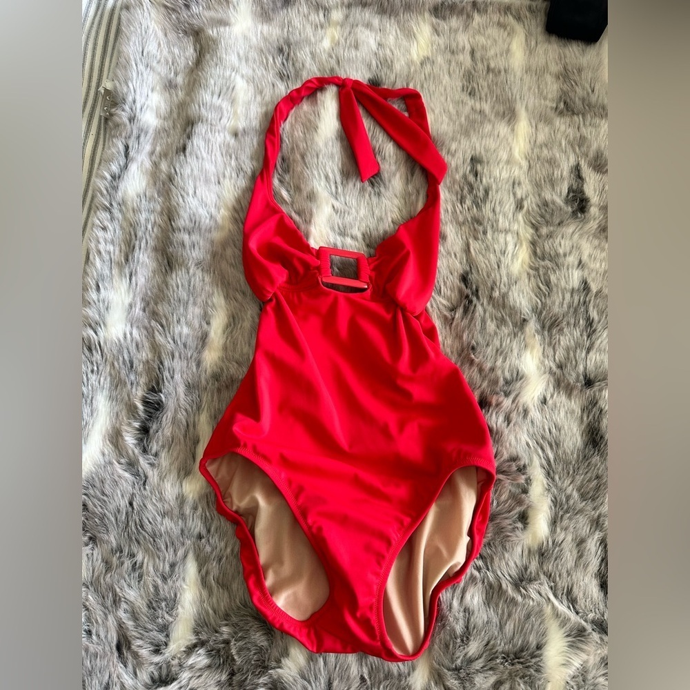 Lisa Curran Vintage  red buckle one piece‎ bathing Suit sz 8